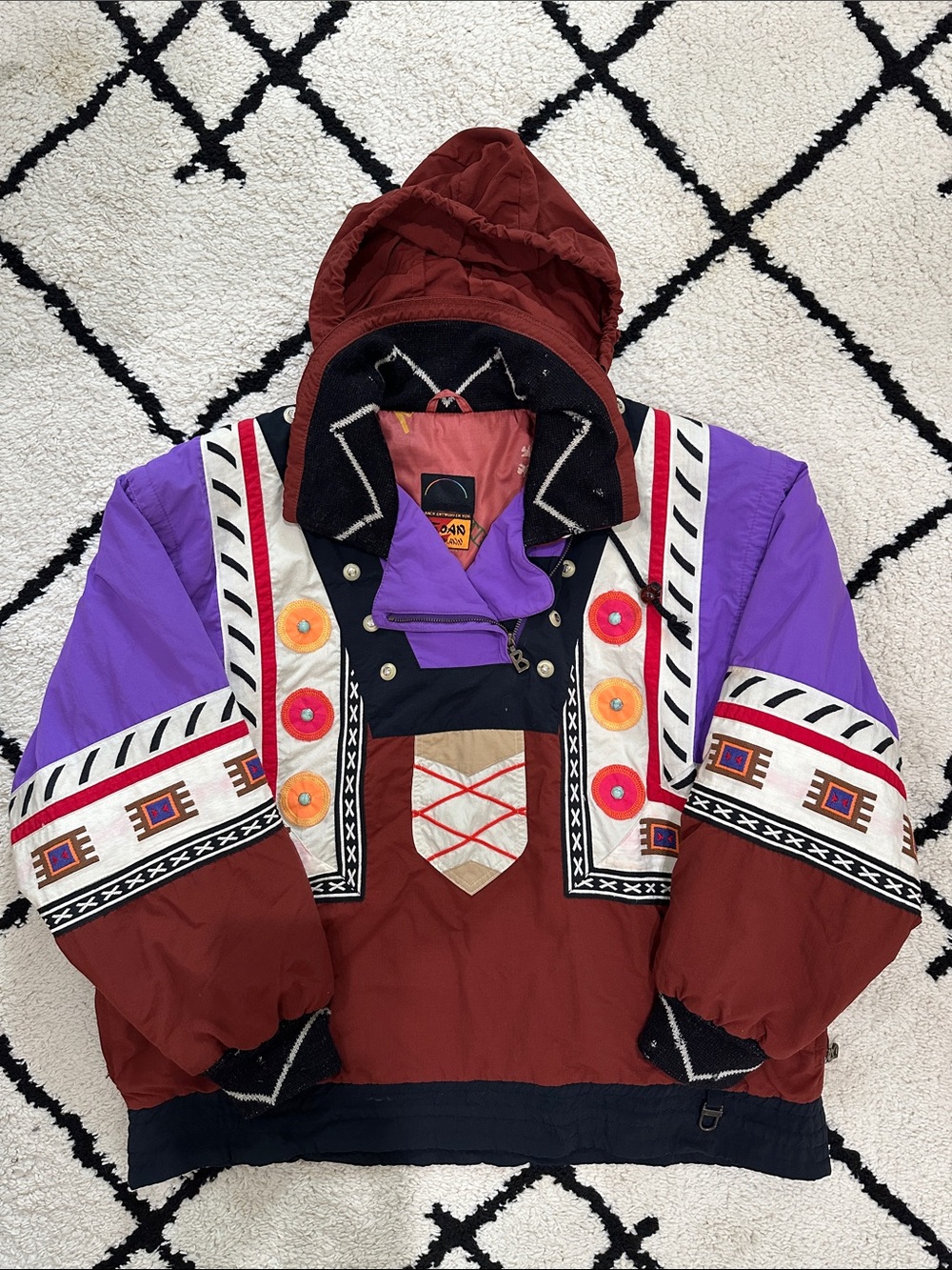 Bogner Vintage Patchwork Pullover Jacket, Maroon, Purple, Black, White